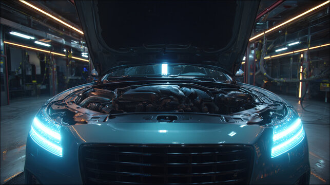 Detailed clean engine bay with masked covers and low sheen finish under soft lighting