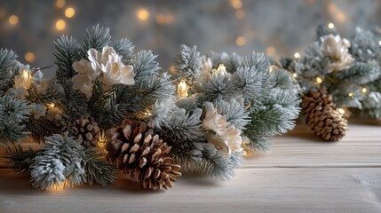 Frosted garland with fairy lights and pinecones