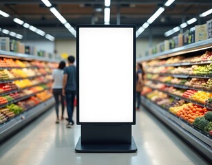 Empty digital screen stands in bright supermarket aisle near produce shelves. Blurred shoppers walk past. Use for retail ads and marketing content. Modern commerce display for promotions.