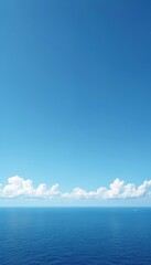 Photo of ocean horizon meets blue sky with clouds. Water surface reflects sunlight on a sunny day. Beautiful seascape view evokes peace and tranquility