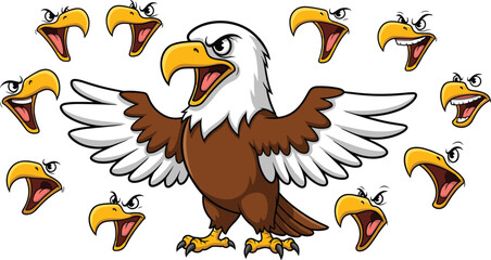 Cartoon bald eagle character with multiple angry face expressions, flying pose, aggressive emotion set, powerful bird mascot vector illustration