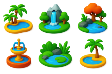 Tranquil Nature Icons. 3D icon set of tranquil nature spots: oasis pool, mountain spring, rainforest stream, garden fountain,