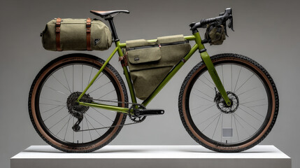 Bikepacking pouch kit with frame bag, seat pack, and handlebar roll on white plinth