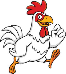 Cartoon chicken running, happy rooster mascot, farm animal illustration, poultry character clipart, funny animated bird, children storybook farm scene