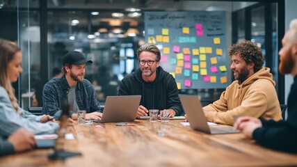 Diverse team collaborating enthusiastically in a modern office, sharing ideas and laughter during a meeting., 4k high quality