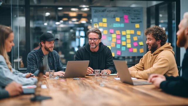 Diverse team collaborating enthusiastically in a modern office, sharing ideas and laughter during a meeting., 4k high quality
