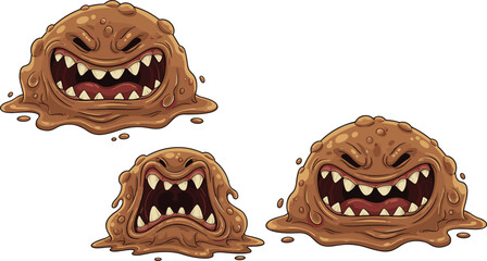 Cartoon mud monster with sharp teeth, angry slime creature illustration, scary goo monster vector, fantasy character design, creepy brown blob © Creative Rejia
