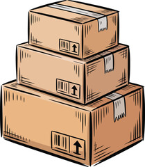 A stack of three cardboard boxes with shipping labels