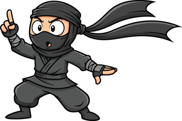 Cartoon ninja character in black costume, martial arts pose with headband flying, cute Japanese warrior illustration