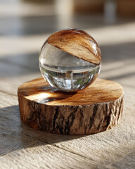 Obraz premium Resin sphere half embedded in wood disc magnifying wood grain in minimal studio setting