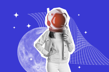 Artwork image poster 3d banner collage of anonym girl wear space helmet drink coffee cup moon planet sleepover night universe