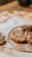 A plate of cookies with a white bowl of oatmeal next to it