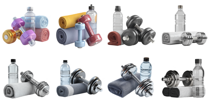 Dumbbell and towell png isolated object collection background for gym and workout purpose.