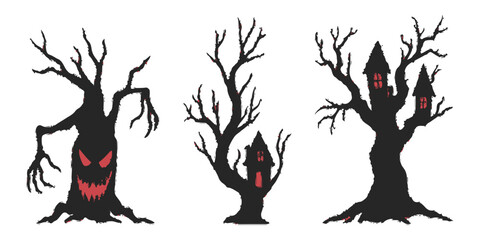 Black vector silhouettes of trees, birds, and deer make a striking nature illustration for Christmas and Halloween art and design