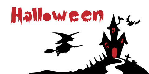 Black bat silhouettes flying against a spooky Halloween party background with vector art and cartoon witch designs, perfect for a holiday illustration