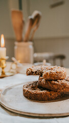 A plate of cookies sits on a table next to a candle
