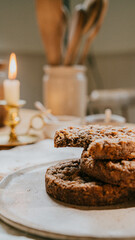 A plate of cookies with a candle in the background