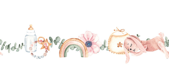 Watercolor baby girl seamless border, pattern with bottle, rainbow, flower, bib and bunny toy. Hand painted nursery design, for baby shower invitation or card.