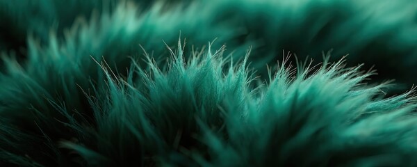 Fototapeta premium Macro photo of luxurious green faux fur texture. Abstract background with soft fluffy fabric material. Dense pile textile surface detail creates elegant design.