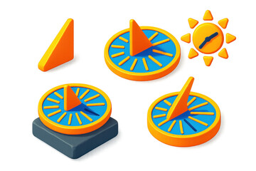 3D Sundial Icon Set. 3D icon set of sundial elements: triangular gnomon, engraved dial plate, casting shadow, hour lines, stone