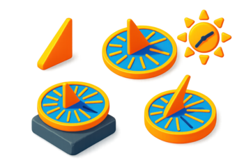 3D Sundial Icon Set. 3D icon set of sundial elements: triangular gnomon, engraved dial plate, casting shadow, hour lines, stone