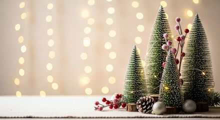 Miniature Christmas trees, red berries, silver baubles, and pinecone decoration with golden string lights bokeh background.