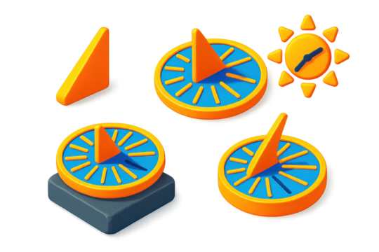 3D Sundial Icon Set. 3D icon set of sundial elements: triangular gnomon, engraved dial plate, casting shadow, hour lines, stone