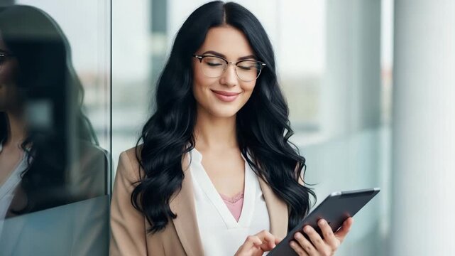 Brunette woman in glasses and blazer using a tablet device near a window indoors