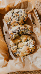 Three chocolate chip cookies are sitting in a brown paper bag