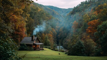 Escape to serene autumn cabin retreat with misty mountain views and cozy warm light, perfect for relaxation and peaceful getaways