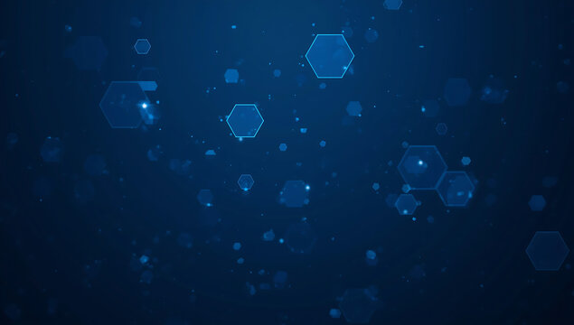 Scattered blue glowing hexagonal shapes and particles floating in a dark digital space technology