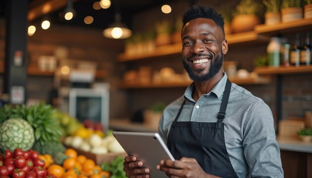 Black man owns a food shop. He uses tablet device for work. Person smiles widely in a grocery store near fresh produce. Owner is happy with his business. - Powered by Adobe