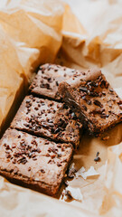 A box of brownies with chocolate chips on top