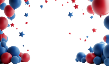 Artistic 3D digital banner celebrating Independence Day with vibrant red white and blue theme isolated on transparent background PNG