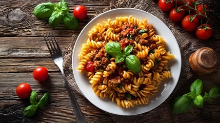Savor delicious Italian rotini pasta with rich meat sauce, fresh basil, and ripe tomatoes for a truly appetizing culinary experience now