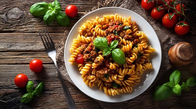 Savor delicious Italian rotini pasta with rich meat sauce, fresh basil, and ripe tomatoes for a truly appetizing culinary experience now