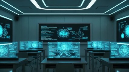 Futuristic classroom with interactive holographic displays and advanced technology - Powered by Adobe