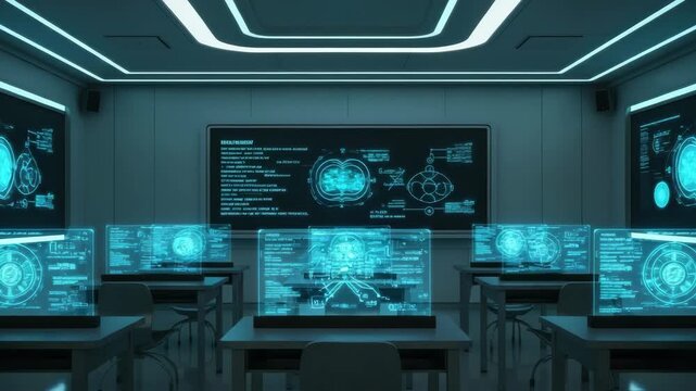 Futuristic classroom with interactive holographic displays and advanced technology