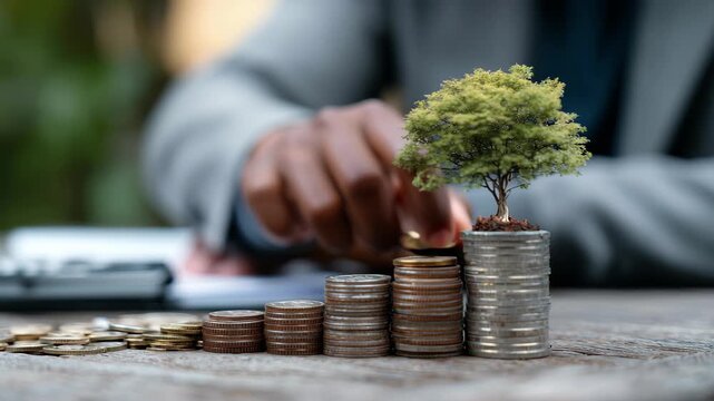 Nurturing financial growth: a small tree flourishes atop stacked coins symbolizing investment success, 4k high quality