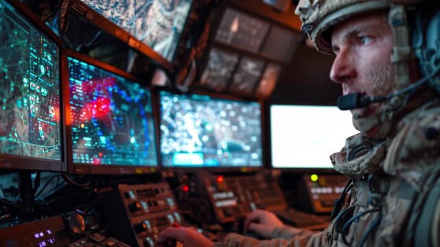 Focused soldier strategizing on multiple tactical displays, intense mission operations unfolding, 4k high quality