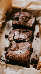 A box of brownies sits on a brown paper bag