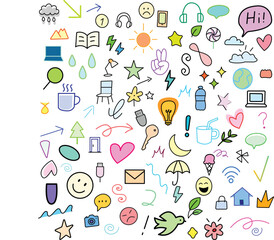 A vibrant collection of hand-drawn doodle icons in playful pastel colors. Includes hearts, stars, clouds, coffee cups, arrows, and more — perfect for planners, stickers, journals, and creative design 