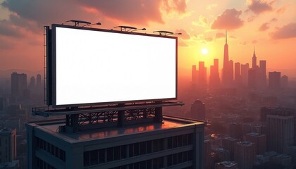 Blank billboard on building rooftop overlooking city skyline at sunset. Empty white advertising screen mockup. Urban cityscape with skyscrapers in warm evening light for marketing promotions. Perfect
