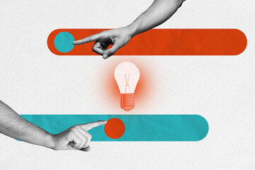 Composite 3D photo collage design trend sketch of hand gesture finger point showing idea bulb...