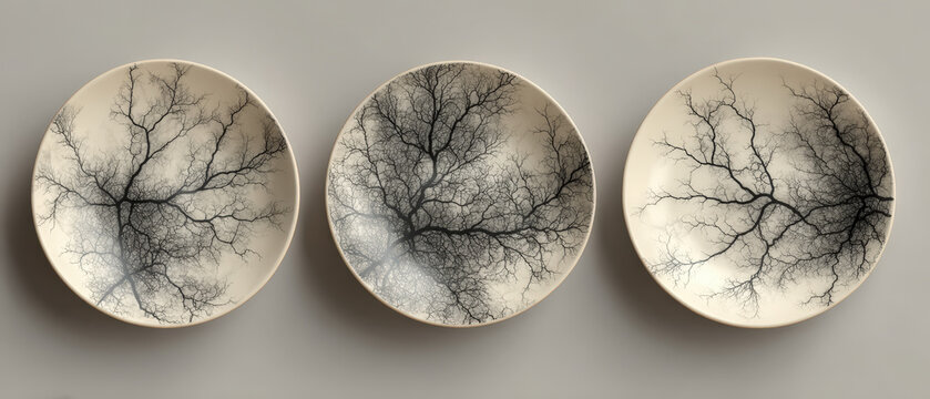 Three oval plates with increasingly complex black and white patterns on gray background