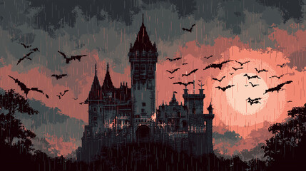 A vampire castle with bats flying overhead , scary Halloween, pixel style