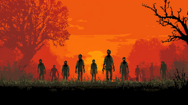 A group of zombies walking towards the viewer , scary Halloween, pixel style
