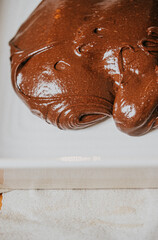 A large piece of chocolate cake is sitting on a white tray
