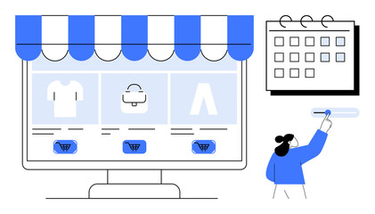 Digital storefront displaying products and shopping carts on monitor beside person updating wall calendar. Ideal for online shopping, e-commerce, business planning, event scheduling, time management