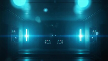 Futuristic neon corridor with pulsing blue lights and hightech ambience - Powered by Adobe